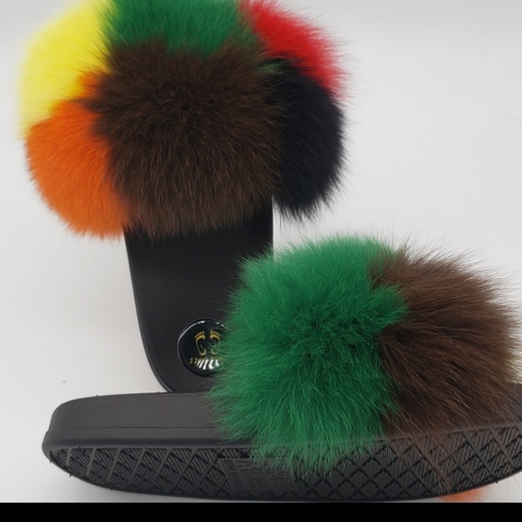 100% Real Women fluffy Fox  Fur Slides Slippers Fast shipping - Picture 2 of 5